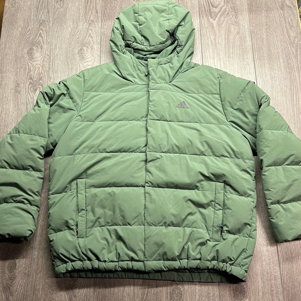 Adidas Mens Hooded Puffer Jacket XL Sage Green Insulated Quilted Coat XL